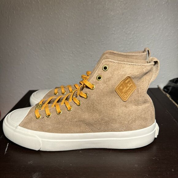 PF Flyers Shoes Men 7.5 Women 9 Beige Suede Leather Hightop Sneakers Hi Tan Lace - Picture 3 of 6